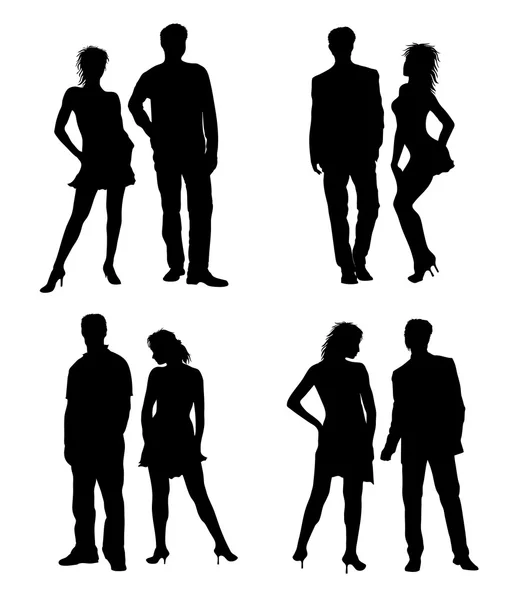 Young adults couple silhouettes black white — Stock Photo, Image