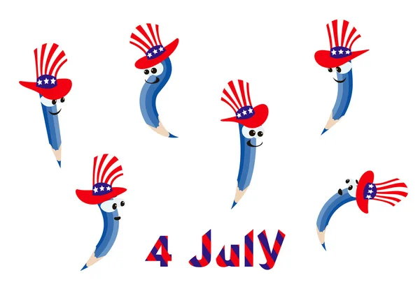 Six crayons de dessin animé portant des chapeaux américains — Image vectorielle
