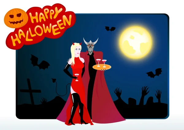 Biglietto di Halloween vettoriale con ragazza e diavolo — Vettoriale Stock