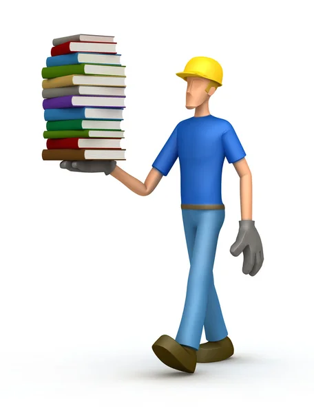 Builder with a stack of books — Stock Photo, Image