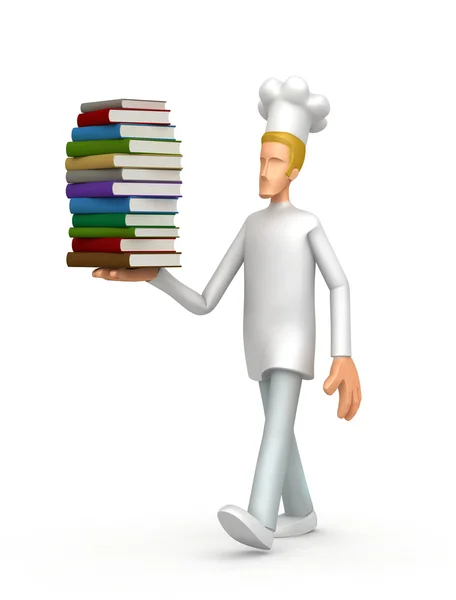 Chef com uma pilha de livros — Fotografia de Stock
