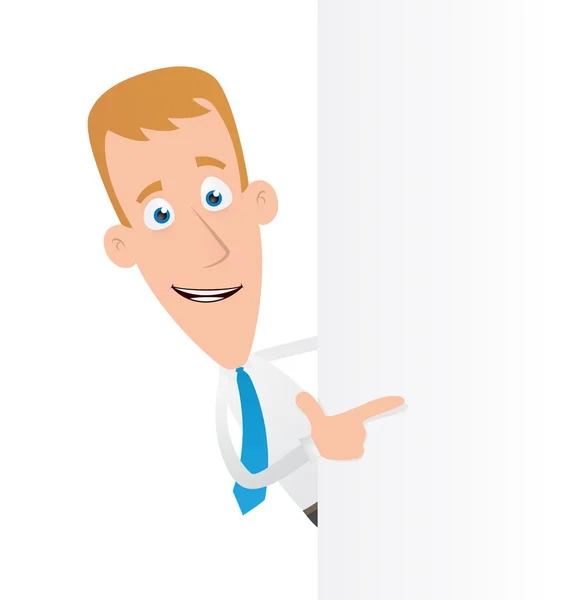 Manager points his finger at a blank board on the side — Stock Vector