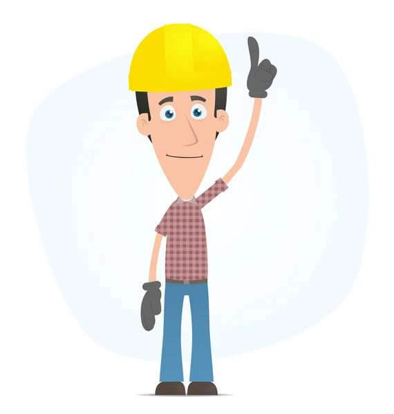 Builder points his finger at the top — Stock Vector