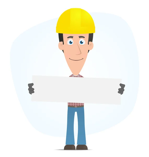 Builder holds up a poster — Stock Vector