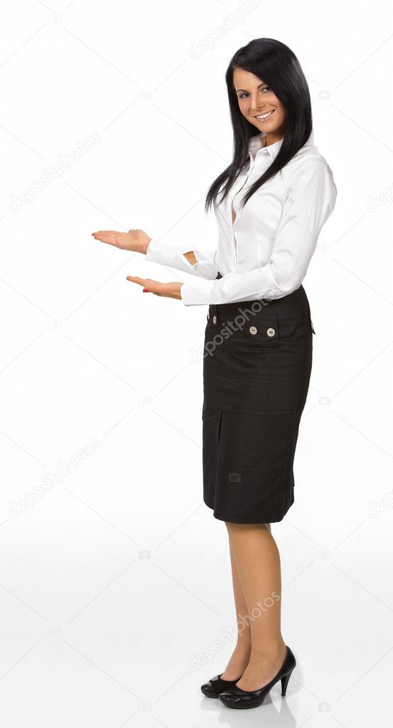 Woman with her arm out in a welcoming