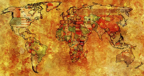 Kenya bayrağı eski dünya haritası üzerinde — Stok fotoğraf