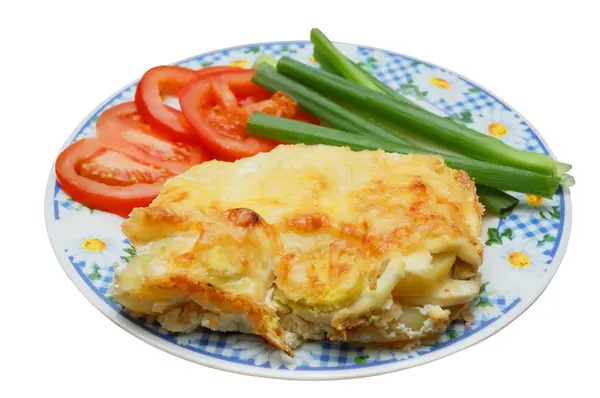 Baked potato pudding with tomato and spring onion — Stock Photo, Image
