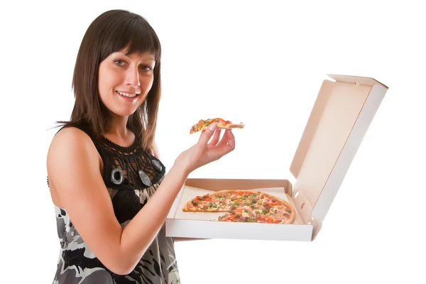 Mädchen isst eine Pizza lizenzfreie Stockbilder