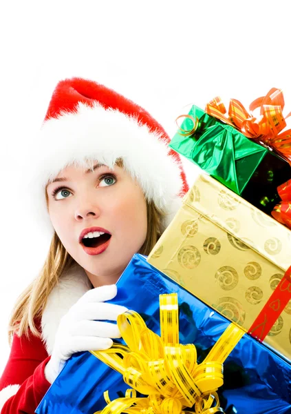 Zaskoczony dziewczyna z dużą ilością Boże Narodzenie prezenty — Zdjęcie stockowe