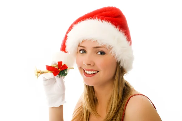 Fröhliches Mädchen mit einer kleinen Weihnachtspfeife in der Hand — Stockfoto