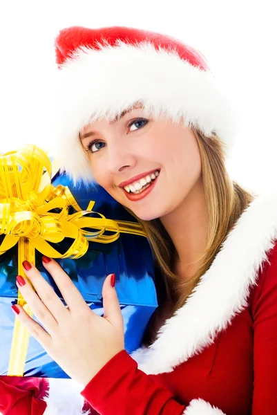 Beautiful woman holding a Christmas present — Stock Photo, Image