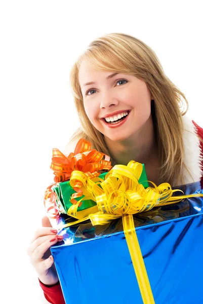 Zaskoczony dziewczyna z dużą ilością prezentów — Zdjęcie stockowe