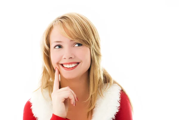 Schöne nachdenkliche Mädchen als Weihnachtsmann gekleidet — Stockfoto