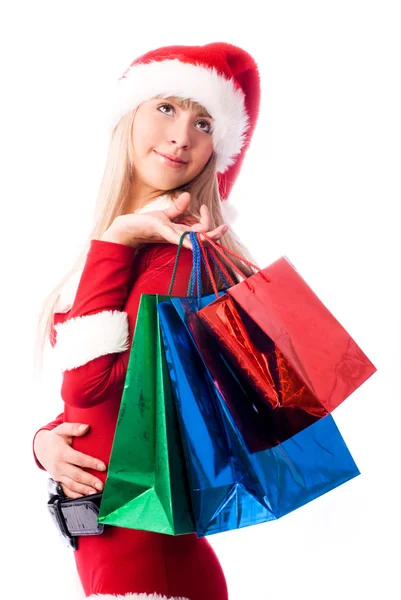 Marzycielski dziewczyna z torby na zakupy — Zdjęcie stockowe