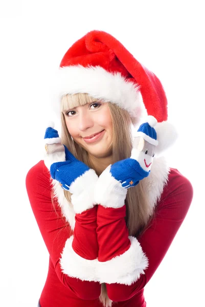 Pretty girl wearing funny mittens — Stock Photo, Image