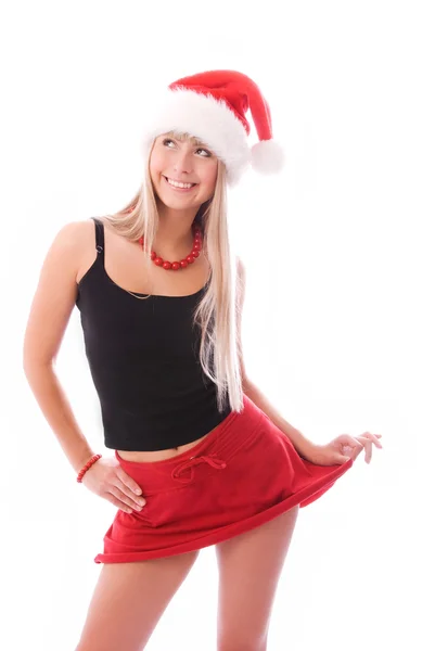 산타의 모자를 쓰고 예쁜 여자 — 스톡 사진
