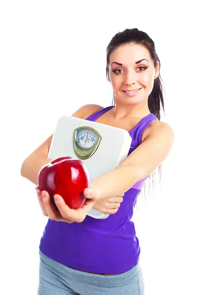 Lány-mérlegek és almával — Stock Fotó