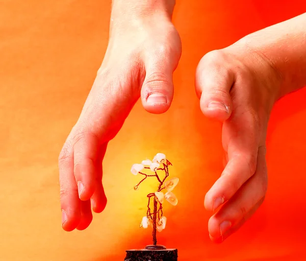 Hands care about artificial metal tree — Stock Photo, Image