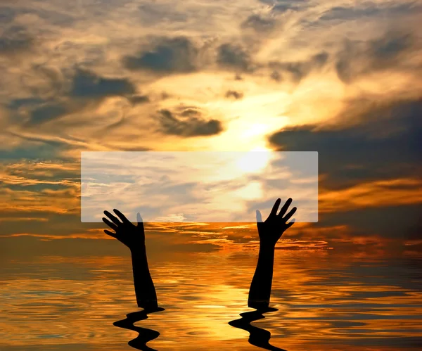 Руки з порожньою карткою на заході сонця — стокове фото