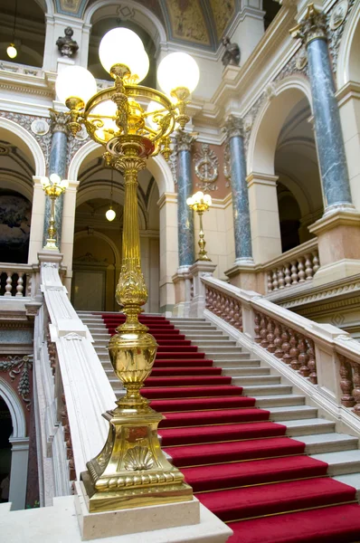 在楼梯上的红地毯。国家博物馆在布拉格 — 图库照片