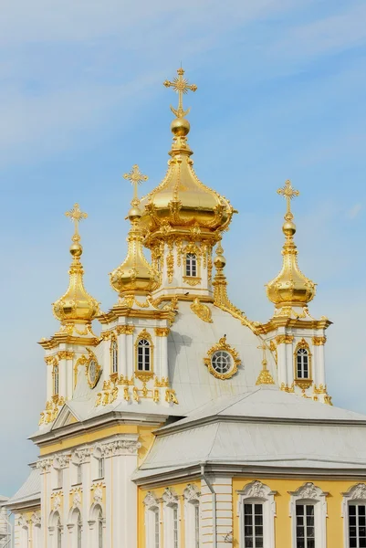 stock image White Cathedral with golden cupolas in Peterhof