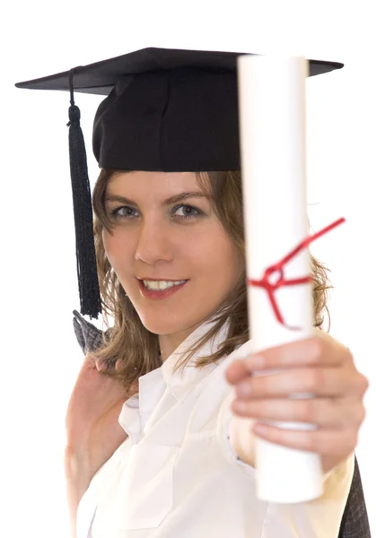 Fiatal nő gazdaság posztgraduális diploma — Stock Fotó