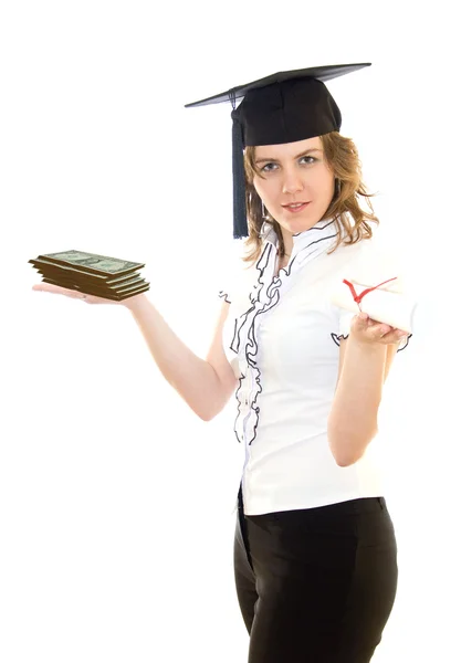 Genç bir kadın tutarak yüksek lisans diploması — Stok fotoğraf