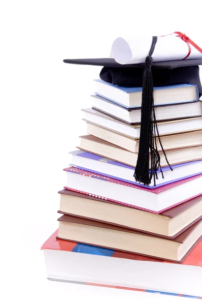 Chapéu de estudante, diploma e livros  - — Fotografia de Stock