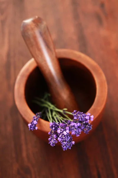 Lavender with mortar and pestle — Stock Photo, Image
