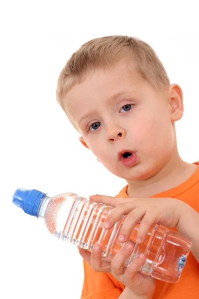 Garoto e garrafa de água — Fotografia de Stock