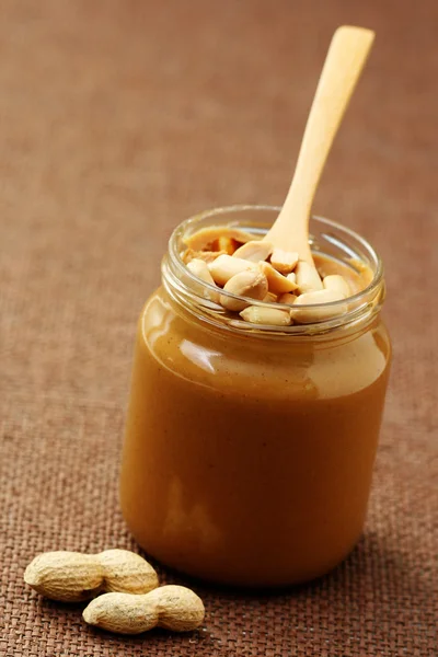 Jarra Manteiga Amendoim Com Colher Comida Bebida — Fotografia de Stock