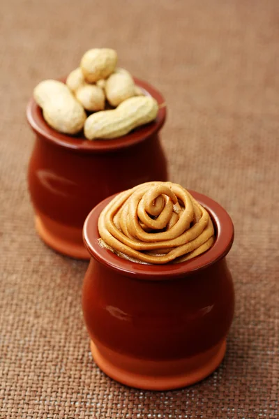 Jarra Manteiga Amendoim Com Comida Bebida — Fotografia de Stock