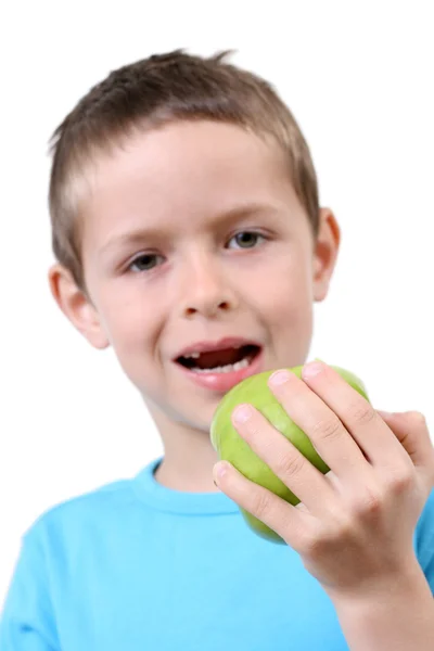 Portrait Years Old Boy Eating Apple Focus Apple — Stockfoto