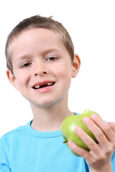 Портрет Річного Хлопчика Який Їсть Яблуко Білі Зуби — стокове фото