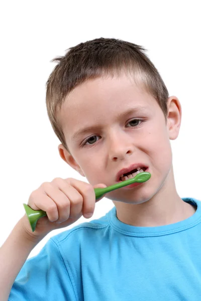 Anos Idade Menino Escovação Dentes Branco — Fotografia de Stock