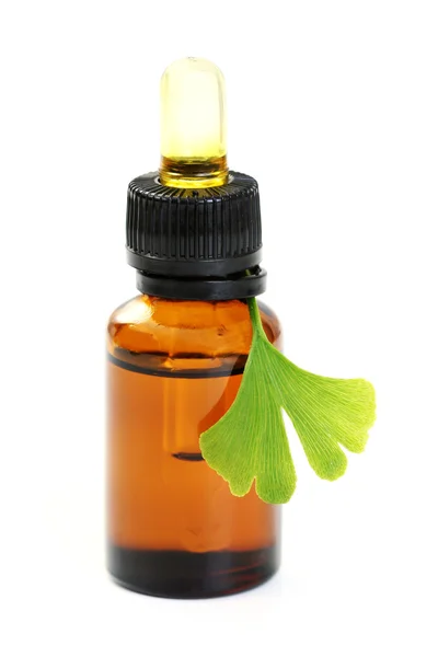 Bottle Ginko Oil Fresh Ginko Leaves Beauty Treatment — Stock Fotó
