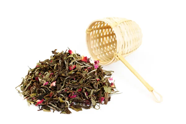 Haufen Weißer Tee Mit Rosenblättern Auf Weißem Tee Tea Time — Stockfoto
