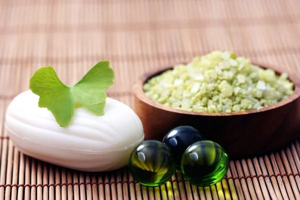 Bowl Bath Salt Ginko Bar Soap Beauty Treatment — Stock Photo, Image