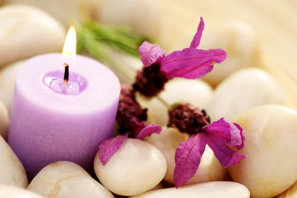 stock image candle and lavender flowers in stones - relaxing time