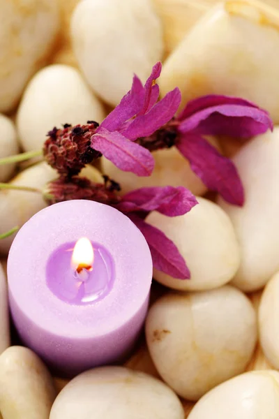 Κερί Και Λεβάντα Λουλούδια Πέτρες Στιγμές Χαλάρωσης — Φωτογραφία Αρχείου