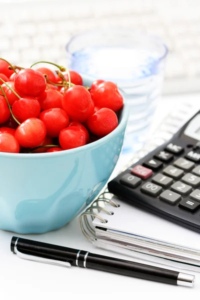 Healthy Snack Office Bowl Cherries — Stock Photo, Image