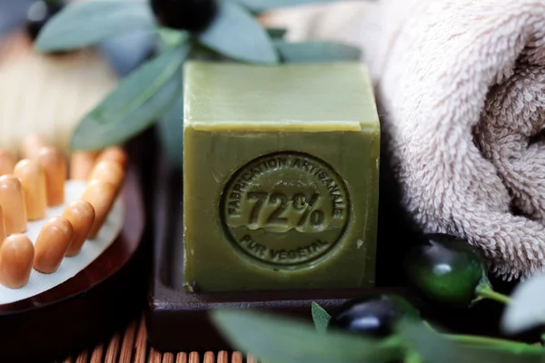 Bar Olive Oil Soap Some Spa Products — Stock Photo, Image