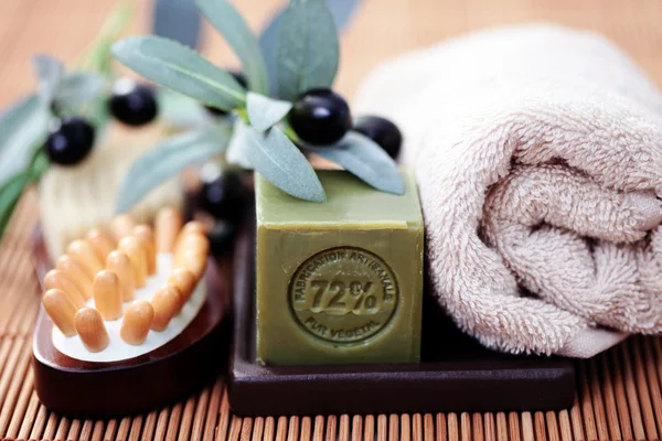 Bar Olive Oil Soap Some Spa Products — Stock Photo, Image