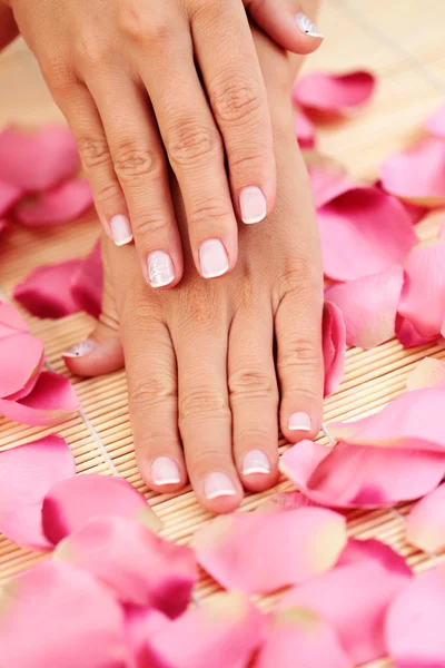 Mãos com pétalas de rosa — Fotografia de Stock