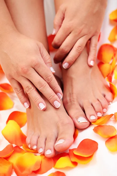 白い羽毛布団 美容治療にバラの花びらを持つセクシーな女性の足 — ストック写真