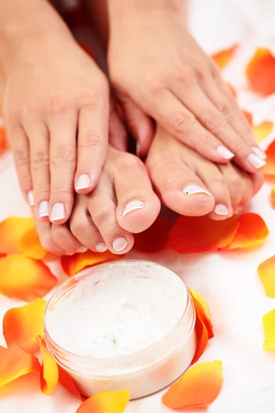 Жіночі Руки Ноги Пелюсткою Троянди Лікування Краси — стокове фото