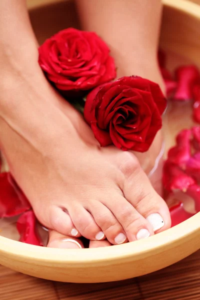 Sexy Weibliche Füße Mit Wasserschale Und Rosen Schönheitsbehandlung — Stockfoto
