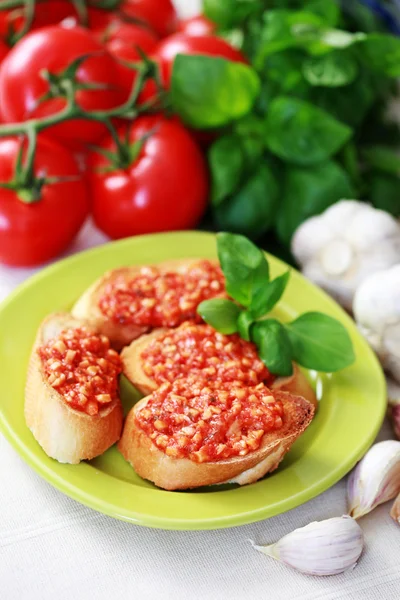 Plate Delicious Bruschetta Fresh Ingredients Food Drink — Stock Photo, Image