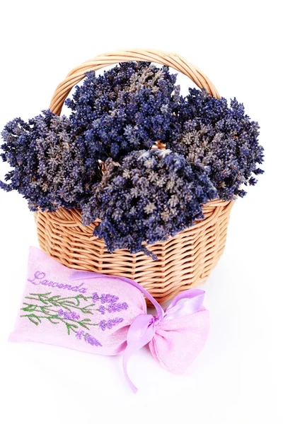 Potpourri Bag Basket Lavender Flowers White Focus Bag — Stock Photo, Image