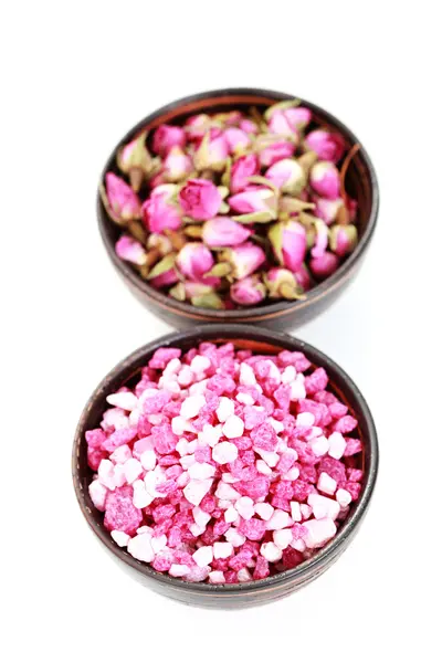 Sal Banho Rosa Com Rosas Secas Tratamento Beleza — Fotografia de Stock